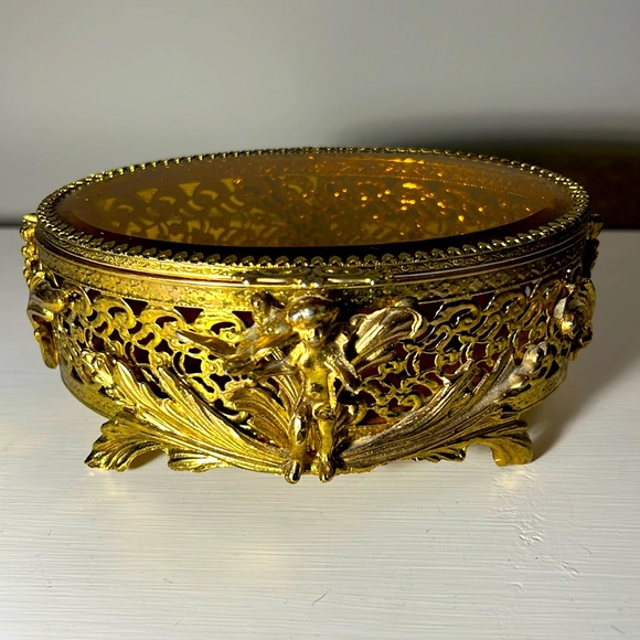 Other - Antique Gold Filigree Jewelry Trinket Box - Beveled Amber Glass Angel